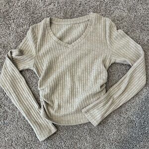 Cropped Taupe Ribbed Knit Top